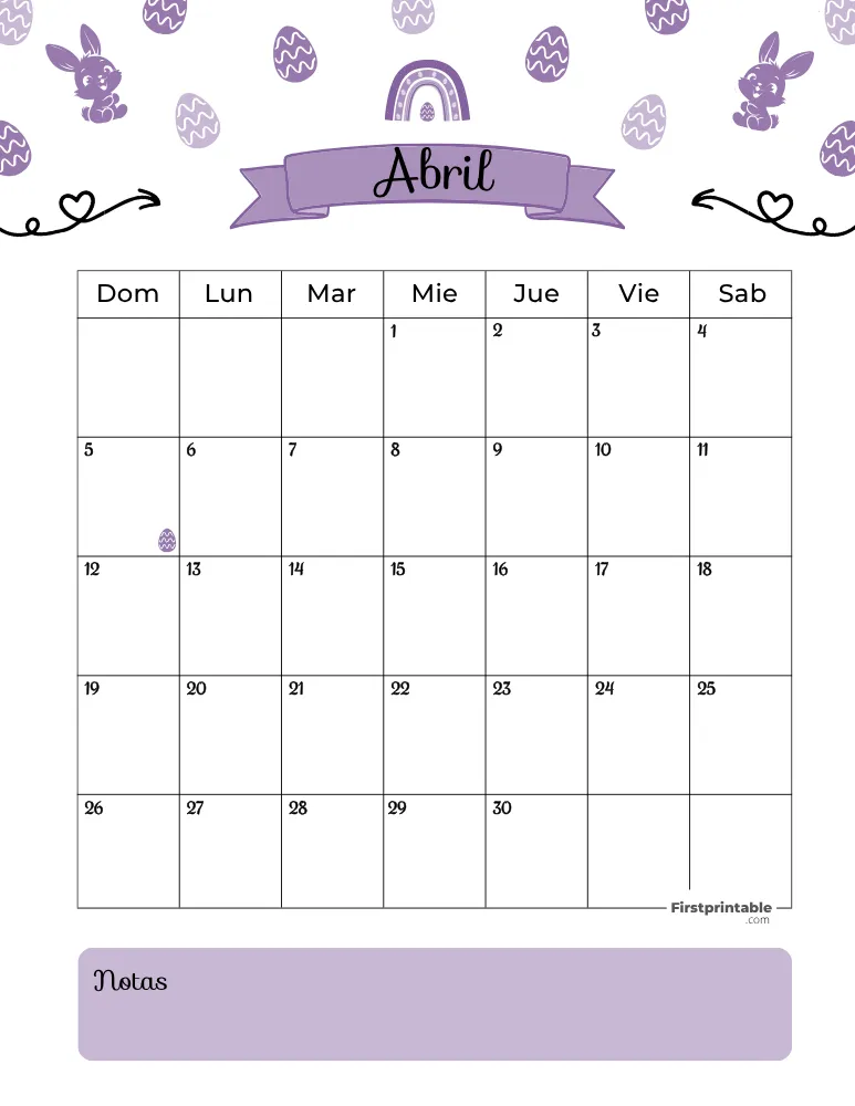 Calendario imprimible de abril de 2026, plantilla de Pascua 01