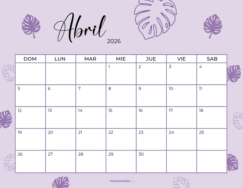 Calendario imprimible de abril de 2026, plantilla de Pascua 19