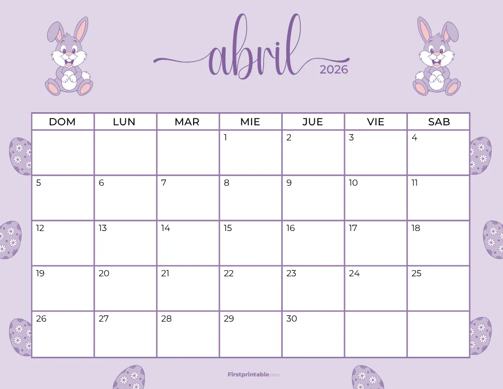 Calendario imprimible de abril de 2026, plantilla de Pascua 20