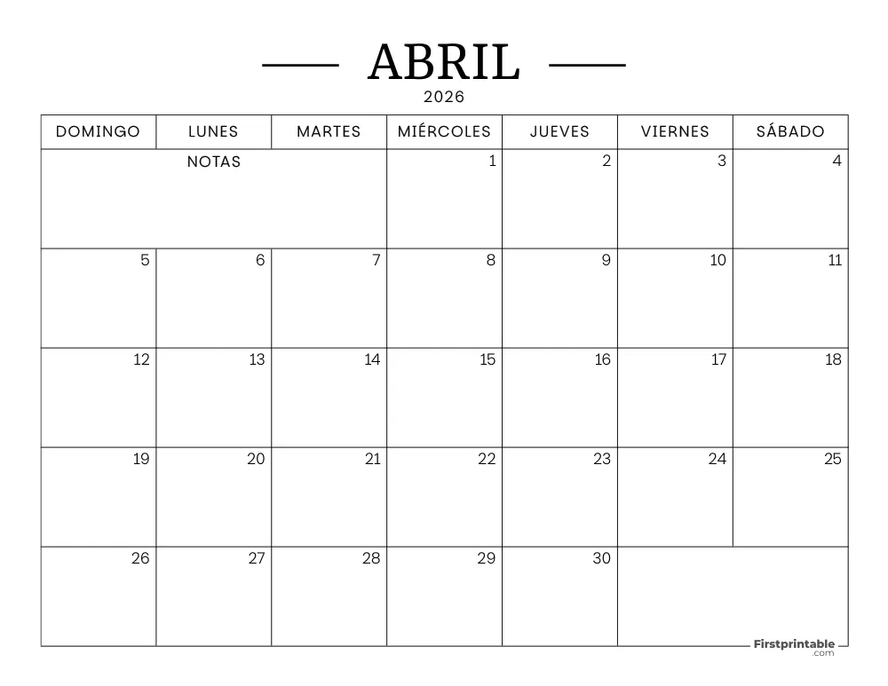 Calendario imprimible de abril de 2026