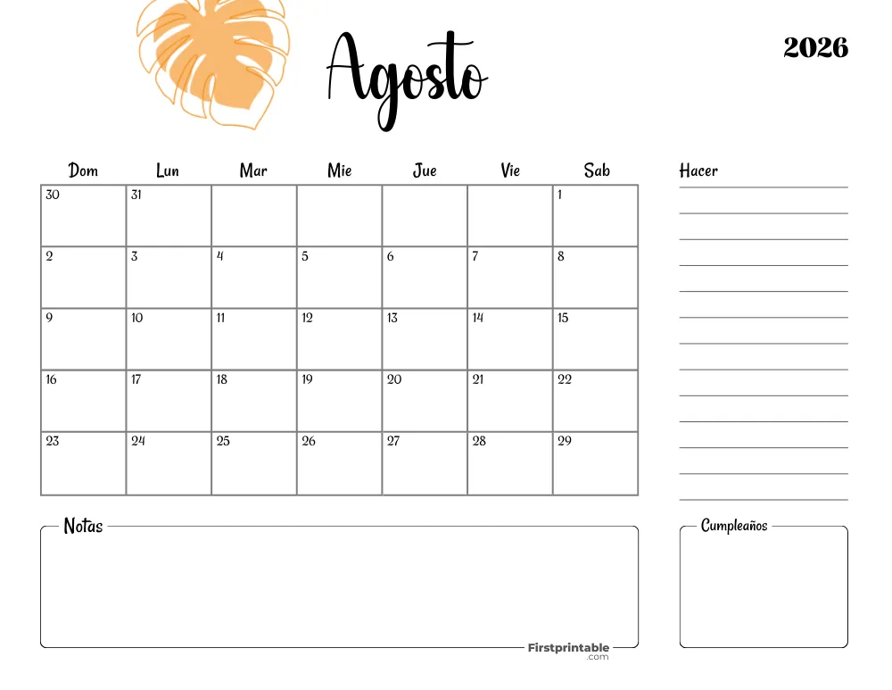 Calendario imprimible de agosto de 2026, plantilla de verano 18