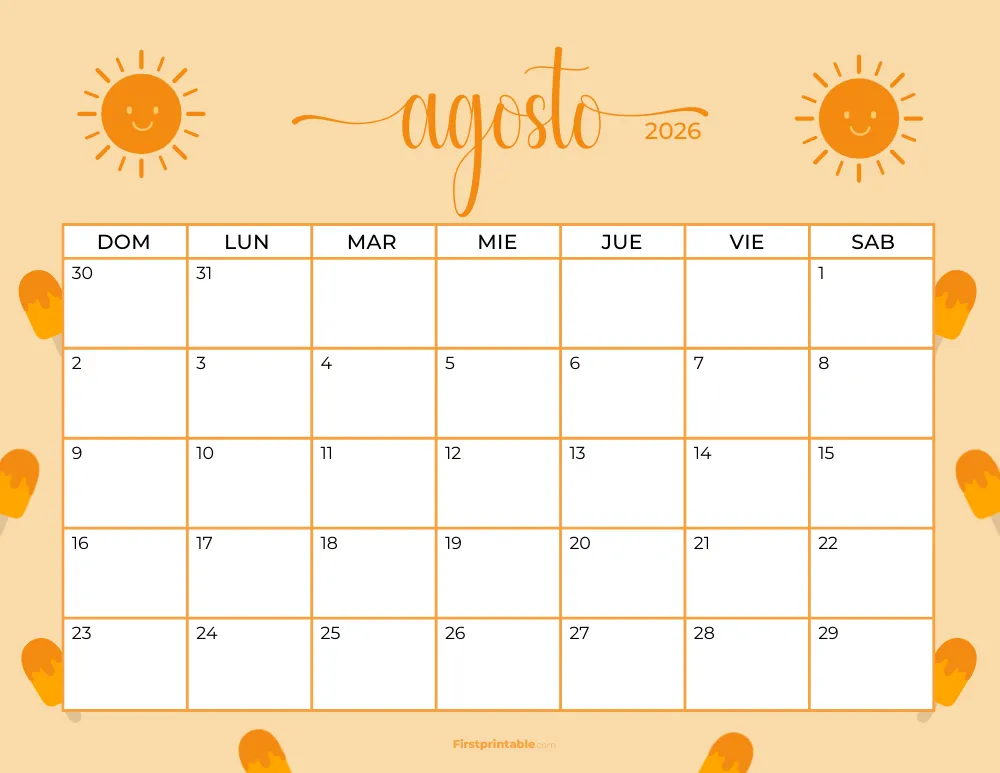 Calendario imprimible de agosto de 2026, plantilla de verano 20