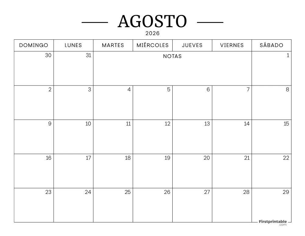Calendario imprimible de agosto de 2026