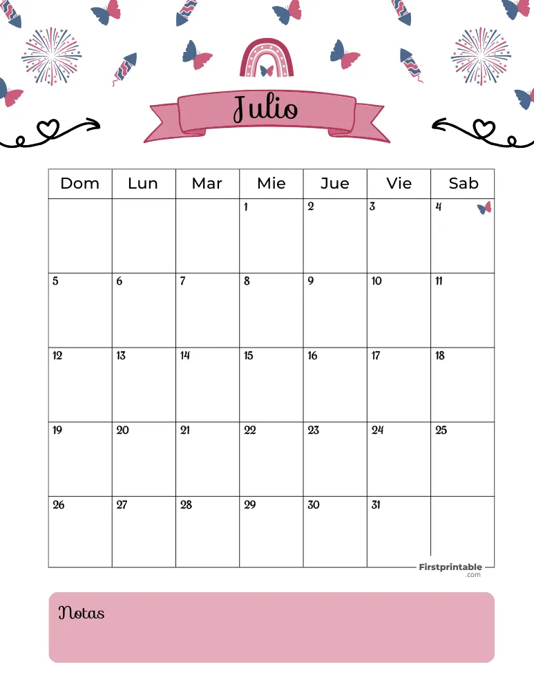 Calendario imprimible de julio de 2026, plantilla para el 4 de julio 01