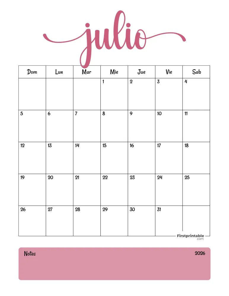 Calendario imprimible de julio de 2026, plantilla para el 4 de julio 04