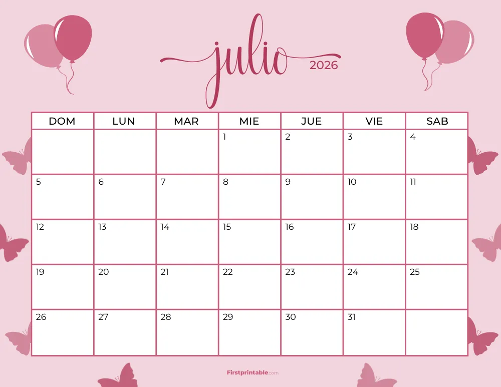 Calendario imprimible de julio de 2026, plantilla para el 4 de julio 20