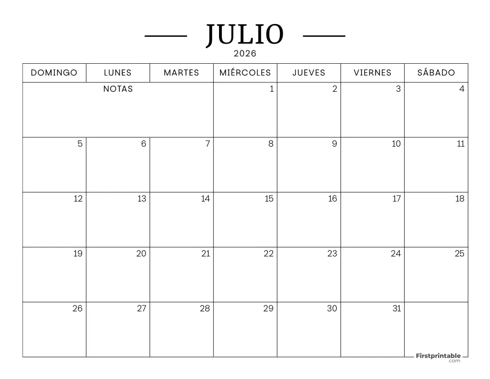 Calendario imprimible de julio de 2026