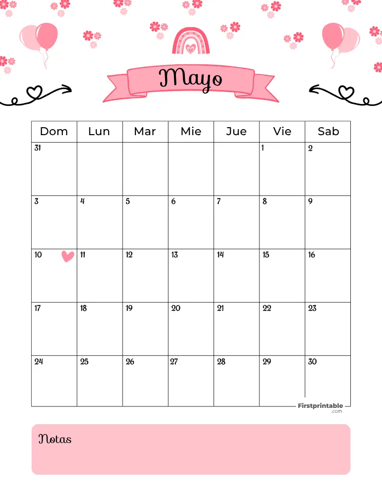 Calendario imprimible de mayo de 2026, plantilla para el Día de la Madre 01