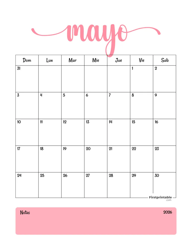 Calendario imprimible de mayo de 2026, plantilla para el Día de la Madre 04