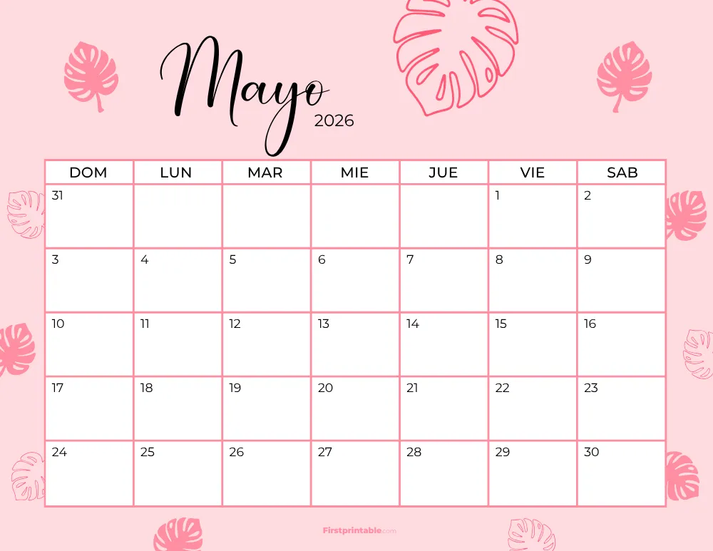 Calendario imprimible de mayo de 2026, plantilla para el Día de la Madre 19