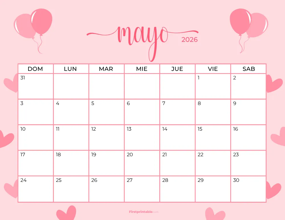 Calendario imprimible de mayo de 2026, plantilla para el Día de la Madre 20
