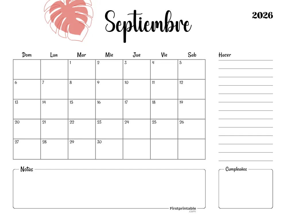 Calendario imprimible para septiembre de 2026, plantilla de otoño 18