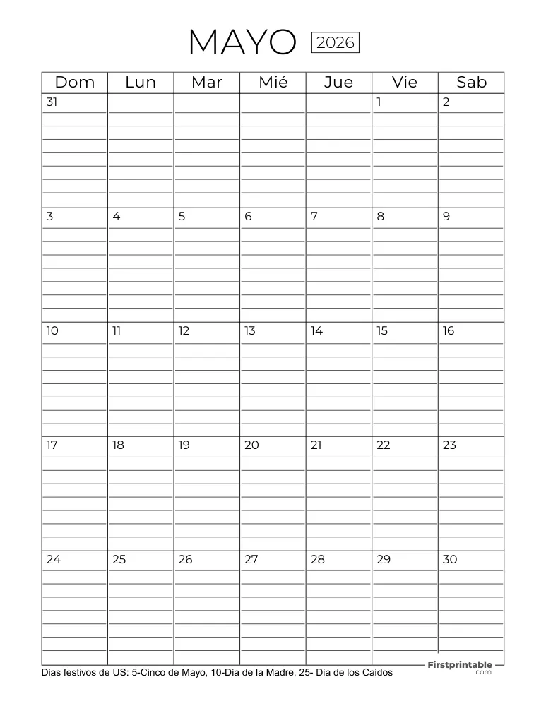 Calendario mayo 2026 con líneas