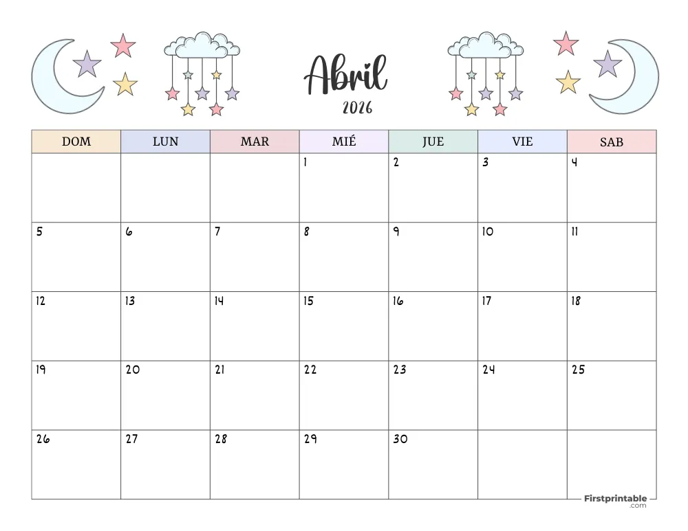Calendario para imprimir abril 2026