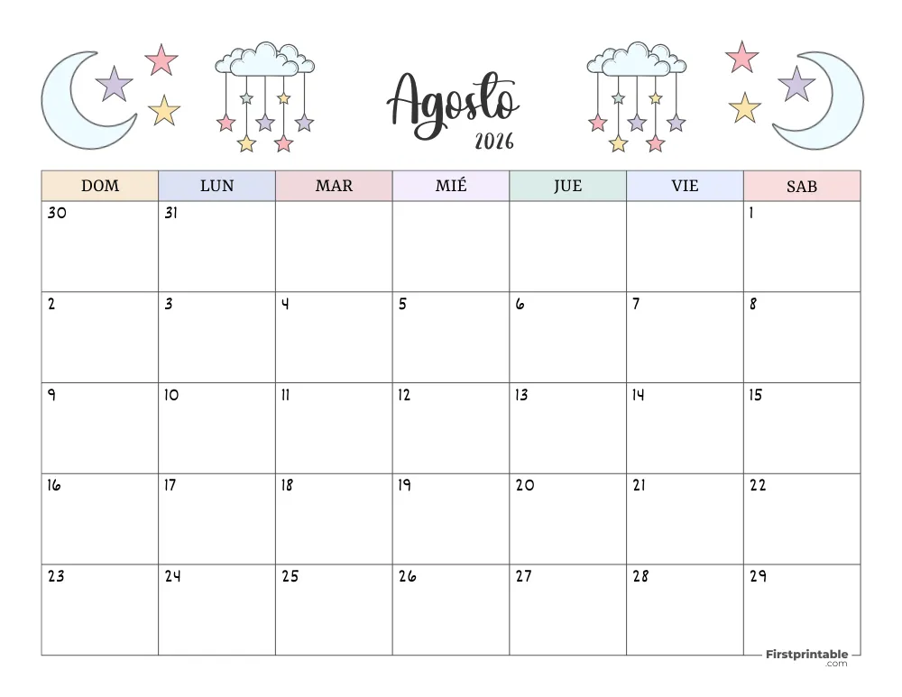 Calendario para imprimir agosto 2026