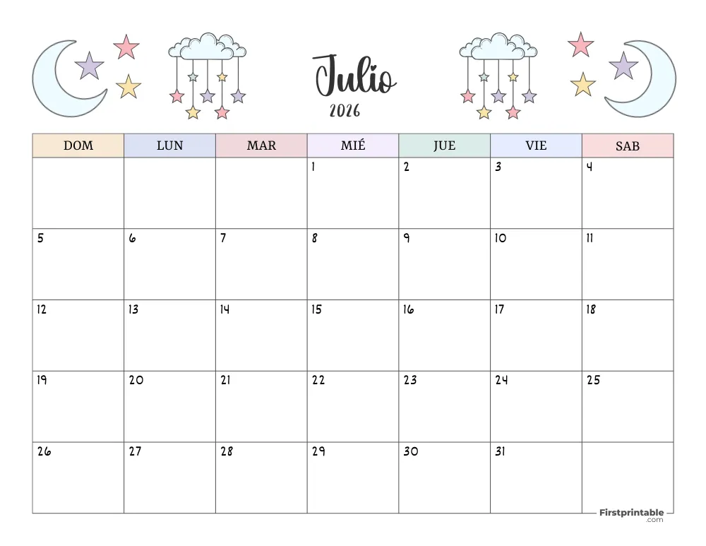 Calendario para imprimir julio 2026