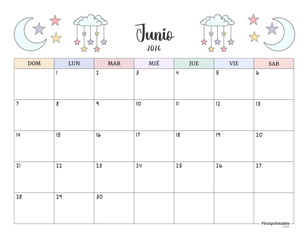 Calendario para imprimir junio 2026