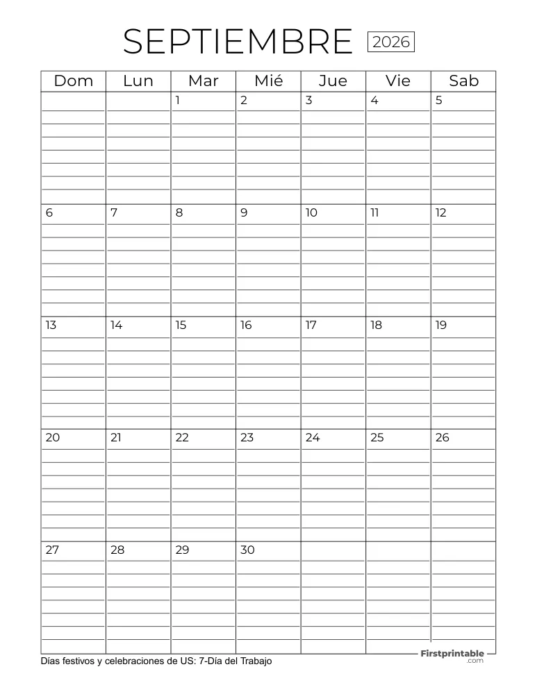 Calendario septiembre 2026 con líneas