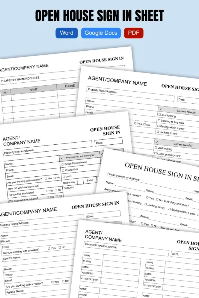 Open house Sign in Sheets | Word, Google Docs & PDF