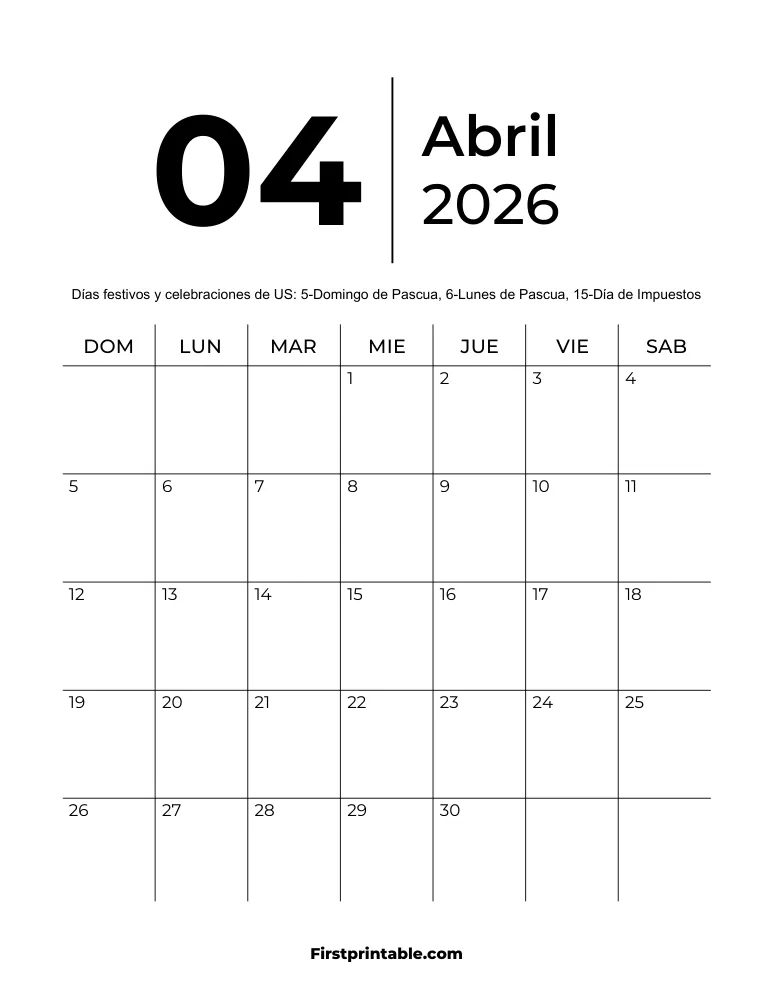 Plantilla de calendario imprimible de abril de 2026