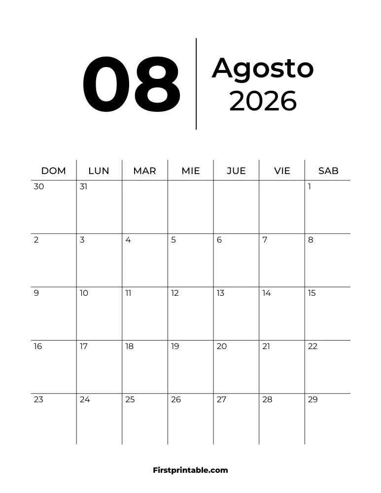 Plantilla de calendario imprimible de agosto de 2026