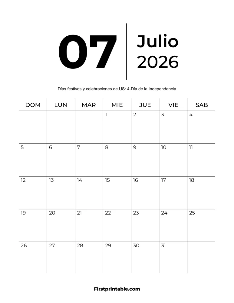 Plantilla de calendario imprimible de julio de 2026