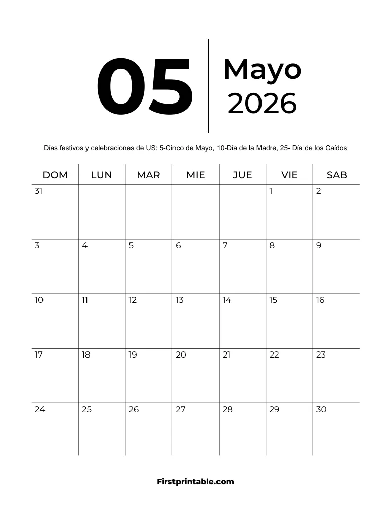 Plantilla de calendario imprimible de mayo de 2026