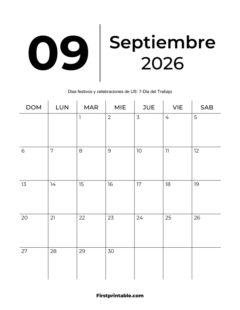Plantilla de calendario imprimible de septiembre de 2026