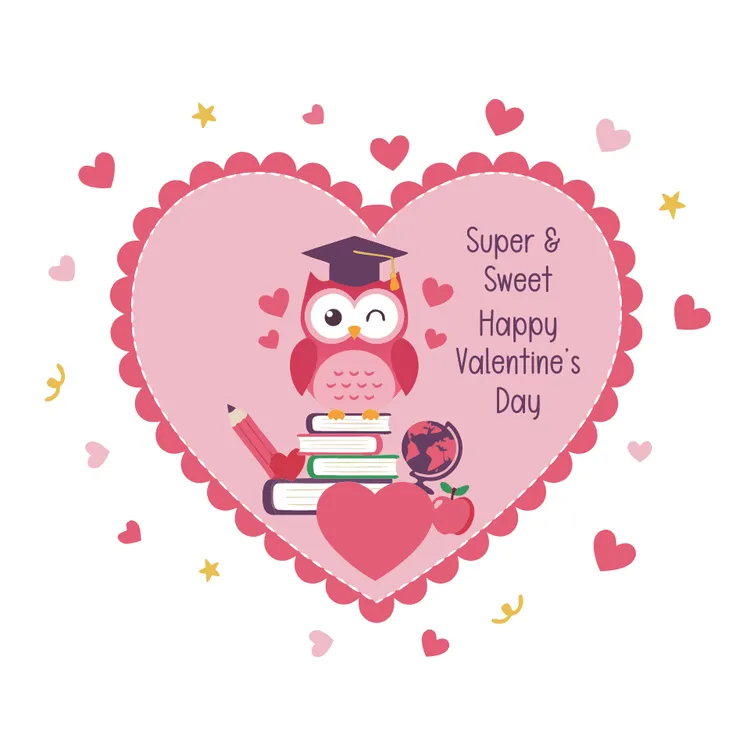 Sweet Owl with Books and Hearts Valentine’s Day Card