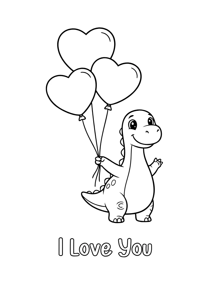 Cheerful Dino with Heart Balloons to Color
