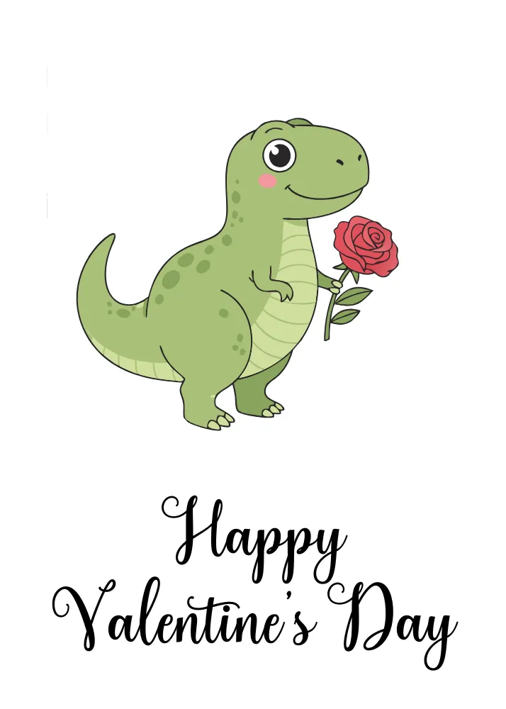 Cheerful Dino with Rose Happy Valentine’s Day Card