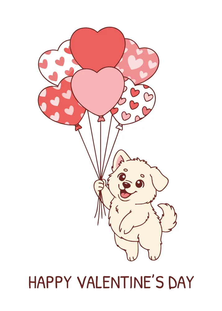 Cute Dog With Heart Balloons - Printable Card