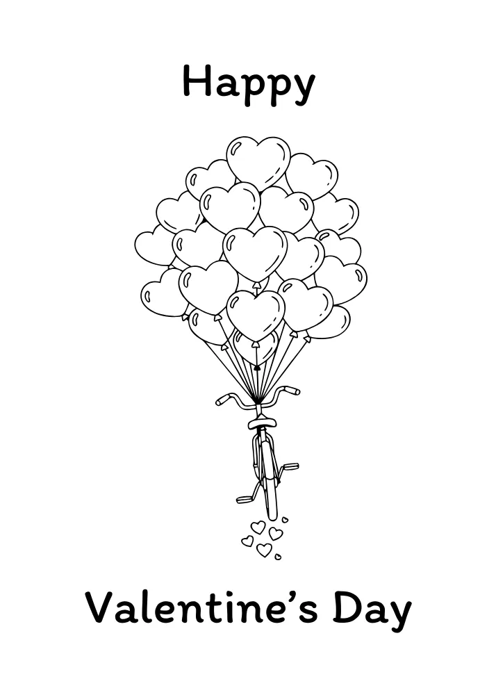 Happy Valentine's Day Card to Color - Bicycle with Heart Balloons