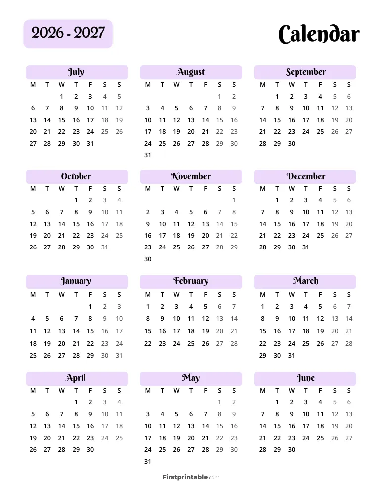 Yearly School Calendar Monday Start Template 30