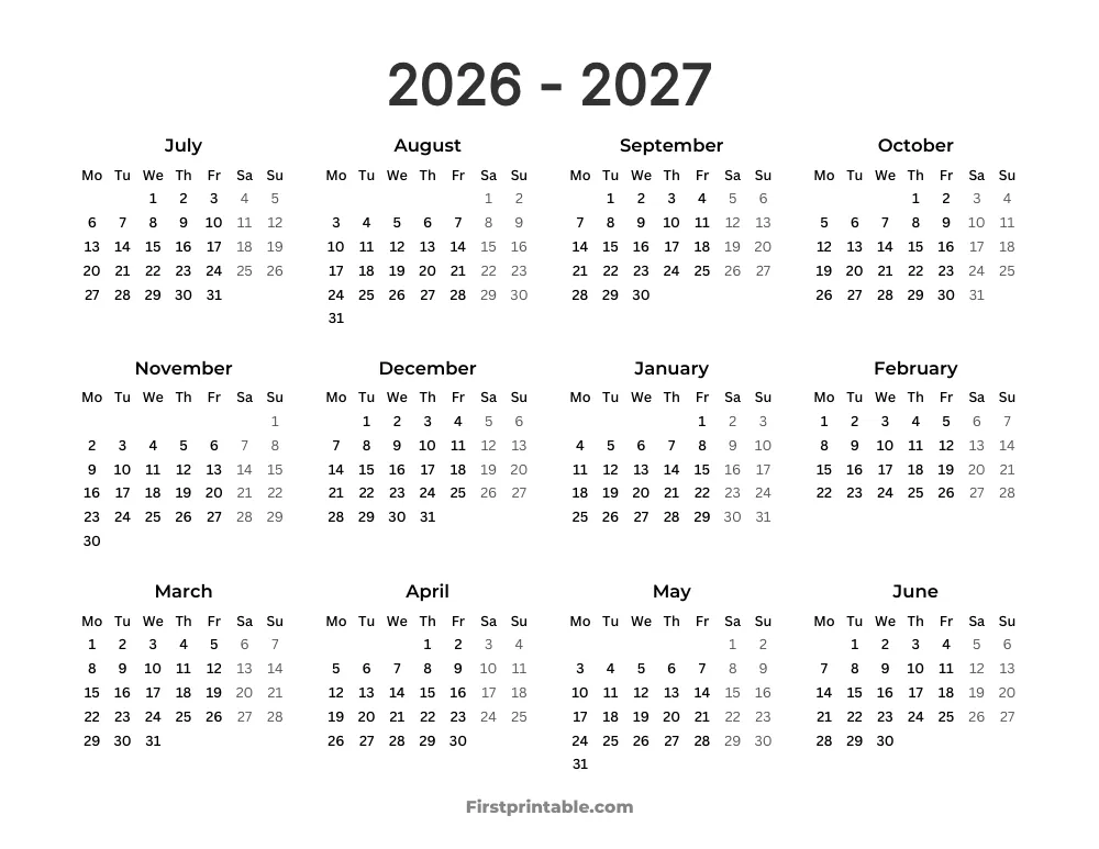 Yearly School Calendar Monday Start Template 31