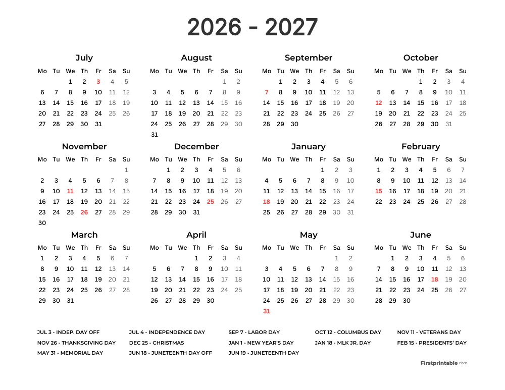 Yearly School Calendar Monday Start Template 32