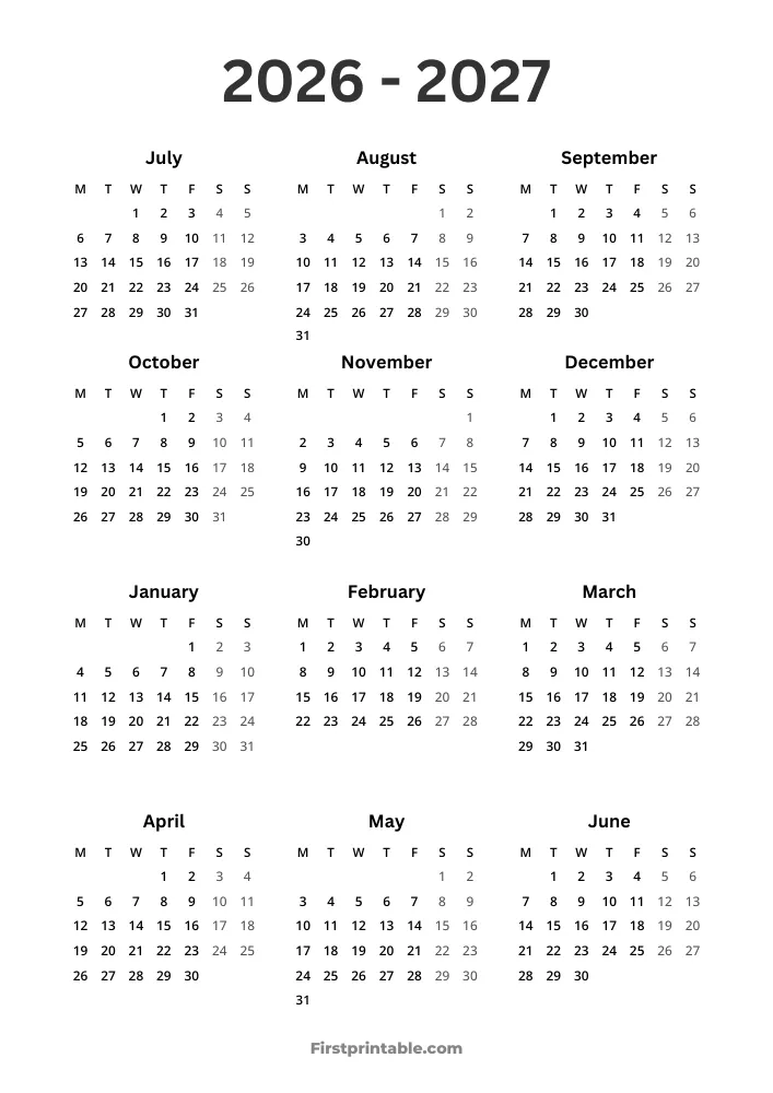 2026-2027 Calendar (Monday Start)