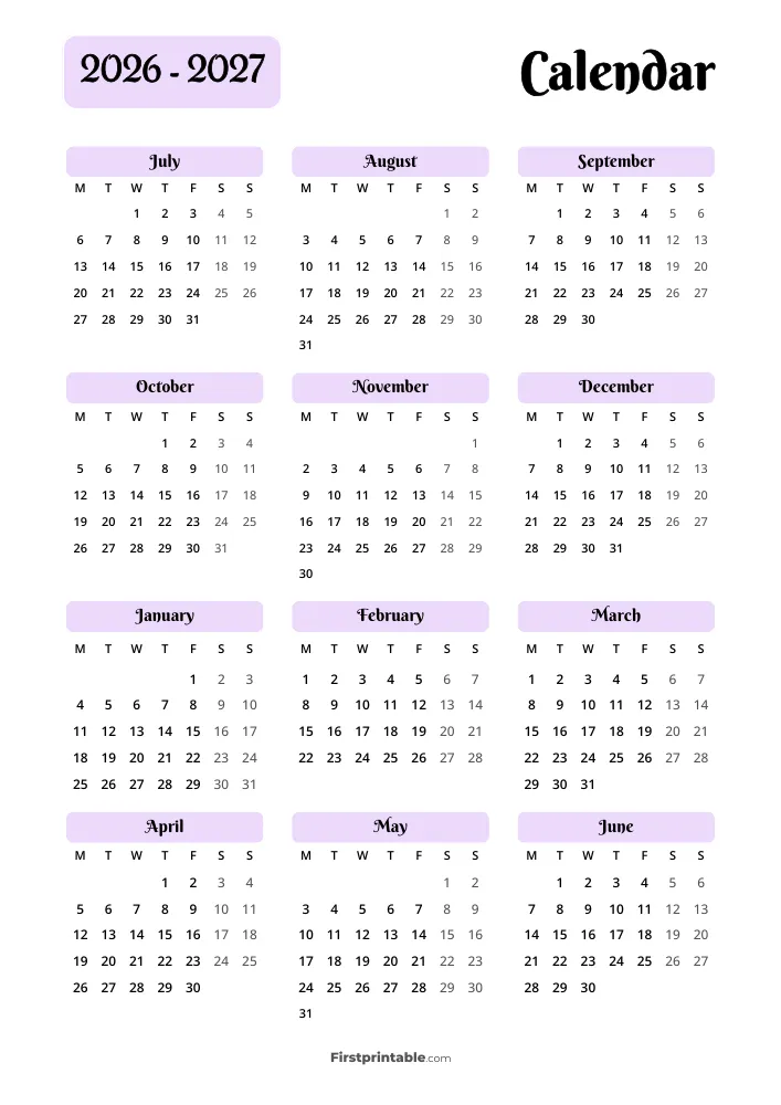 Calendar 2026–2027 (Monday Start)