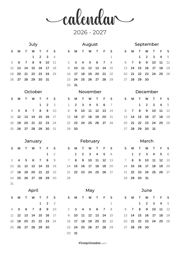 Simple 2026-2027 Calendar