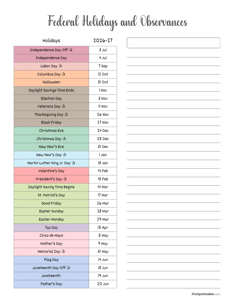 Yearly School Federal Holidays Template