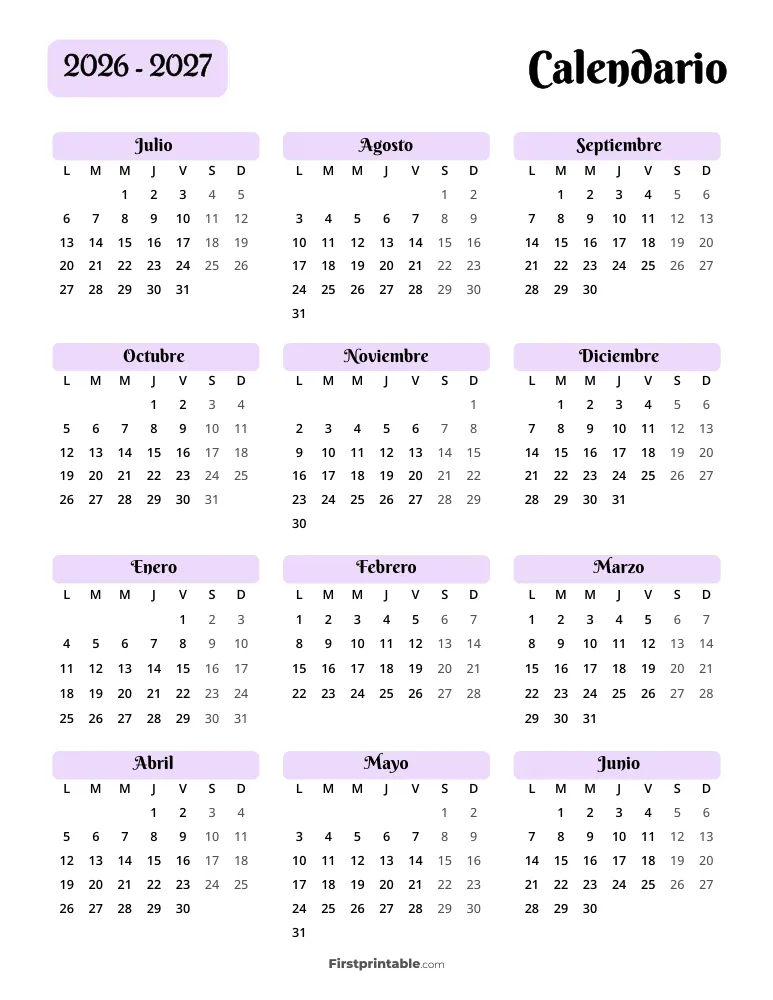 Plantilla de calendario escolar anual de inicio el lunes 30