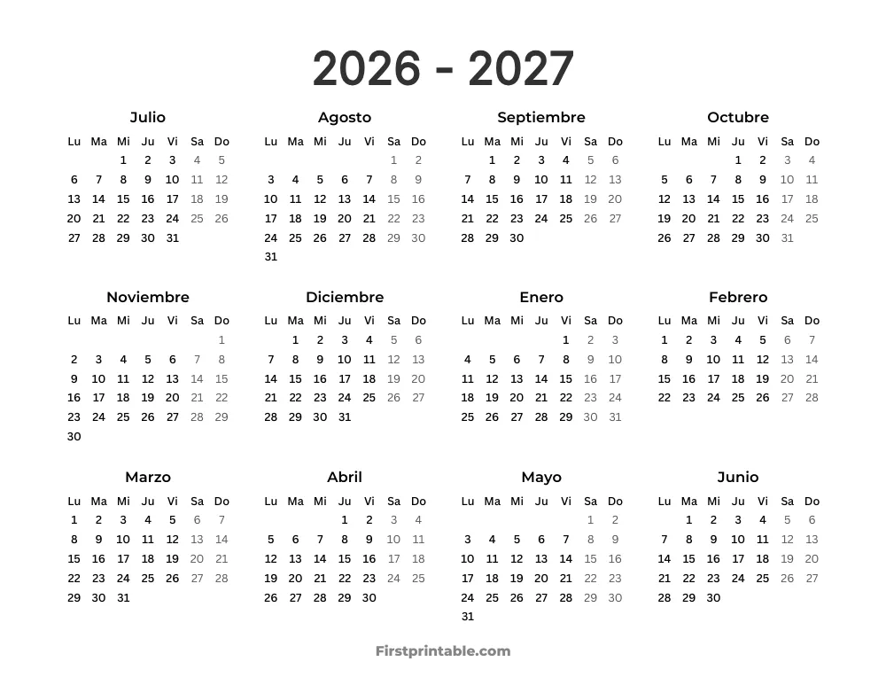 Plantilla de calendario escolar anual de inicio el lunes 31