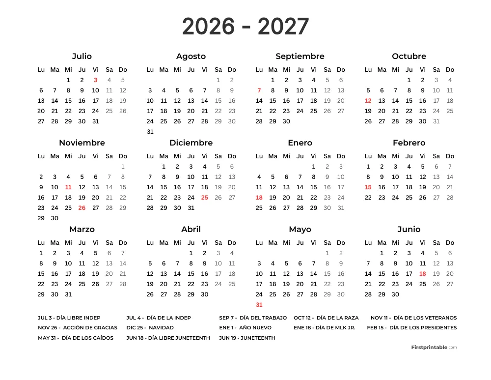 Plantilla de calendario escolar anual de inicio el lunes 32