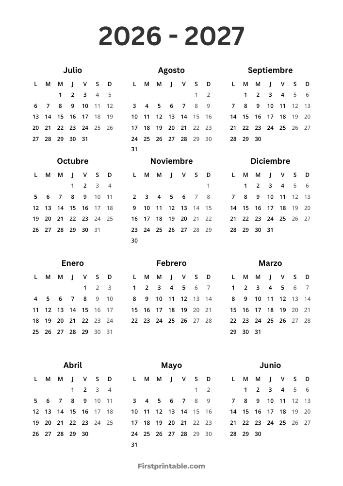 Calendario 2026–2027 (inicio el lunes)