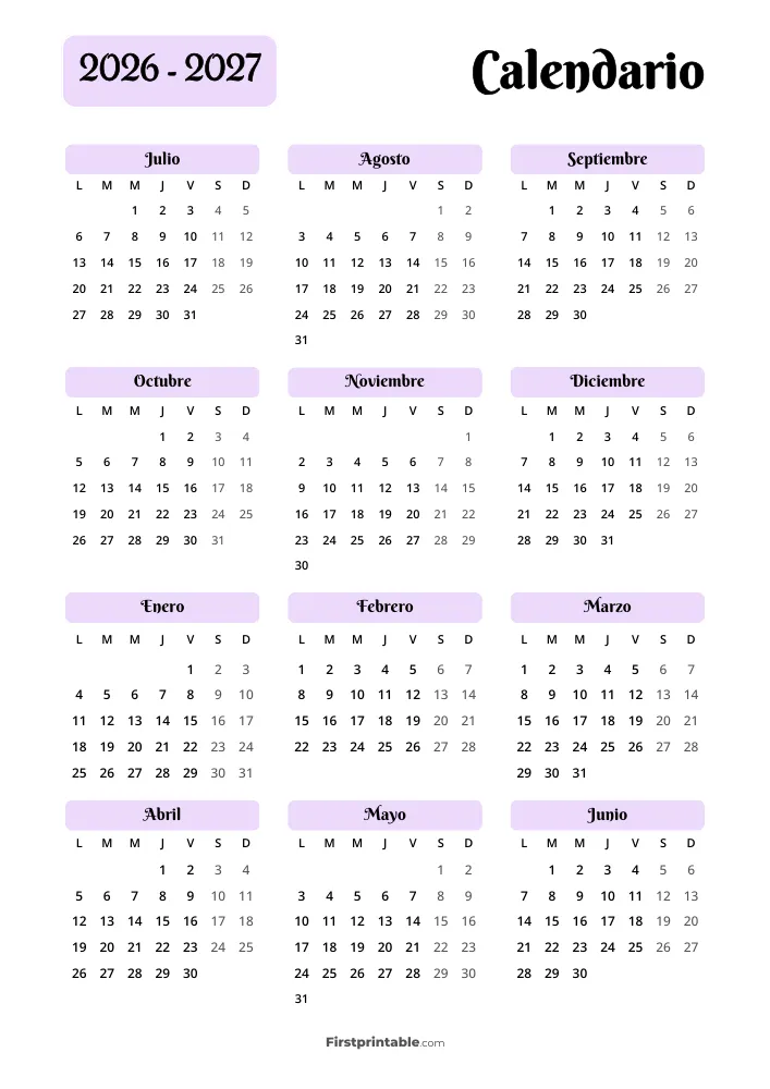 2026–2027 Calendario (inicio el lunes)