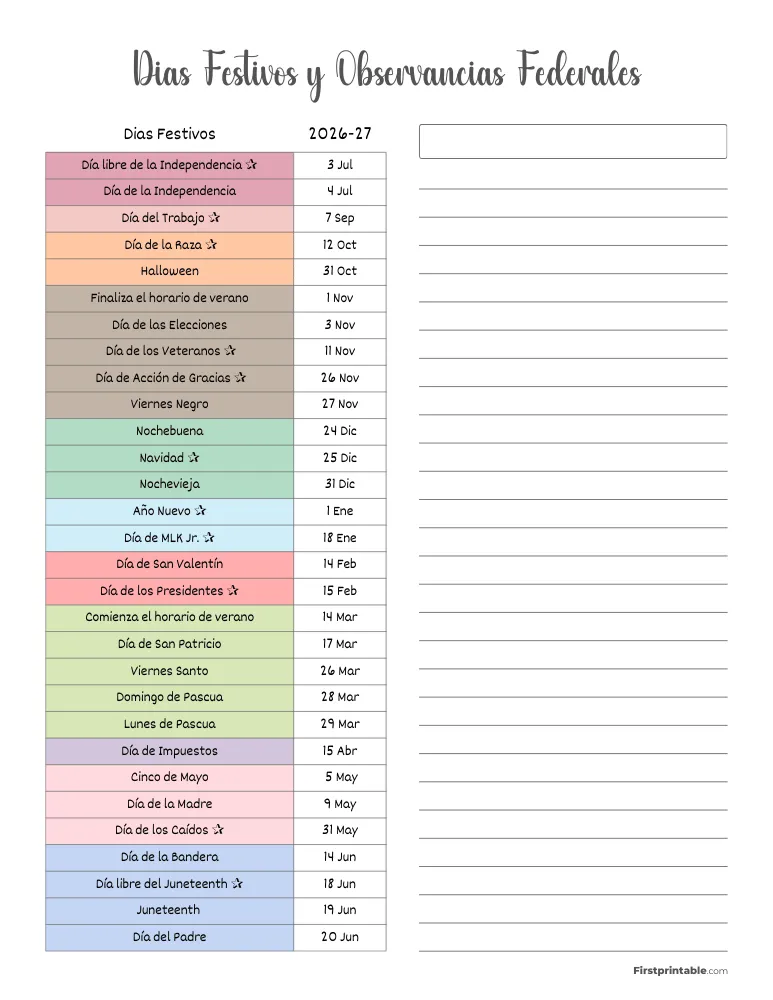 Plantilla de días festivos federales escolares anuales