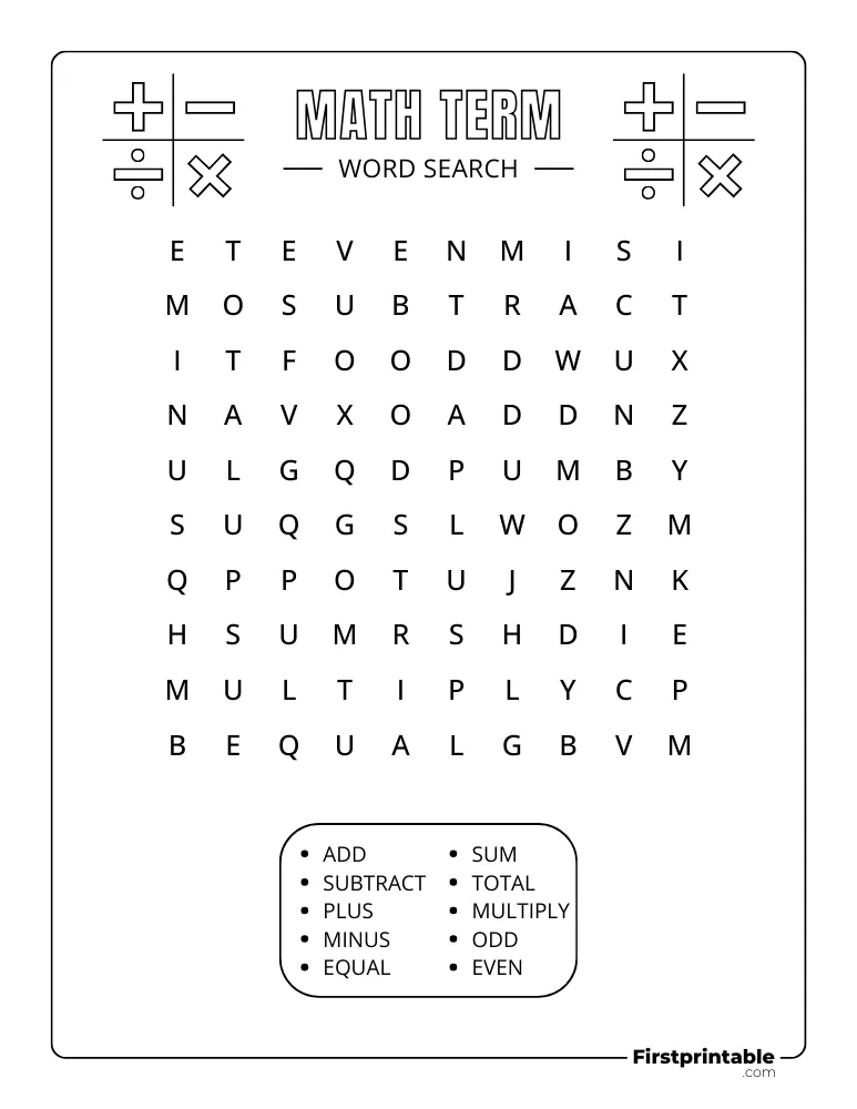 Math Term Word Search - Easy 01