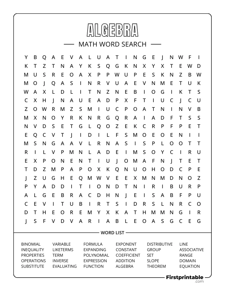 Math Word Search - Algebra - Hard 06