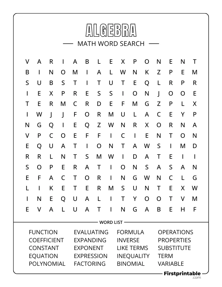 Math Word Search - Algebra - Medium 06