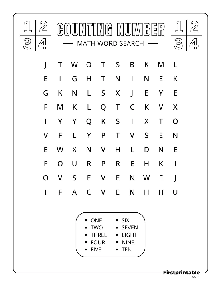 Math Word Search - Counting Numbers - Easy 04